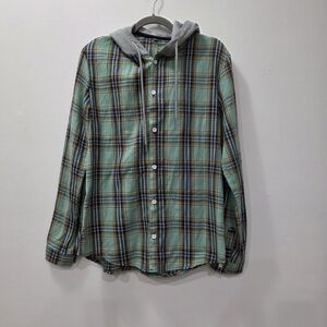 Amazon Men's Green Plaid Casual Button Down Shirt with Gray Hood